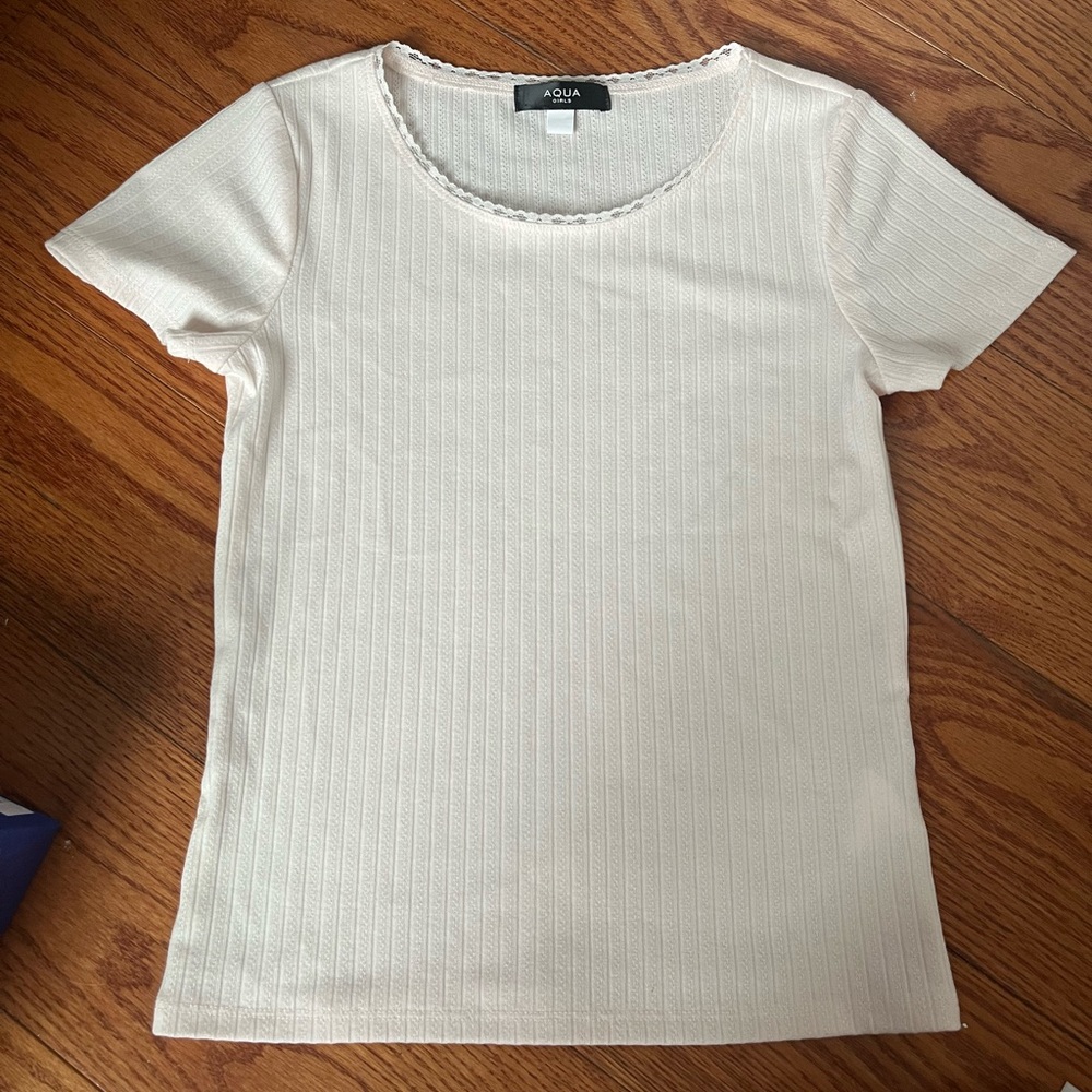 Aqua Girls Ribbed Short Sleeve Baby Top with Lace Neck Detail